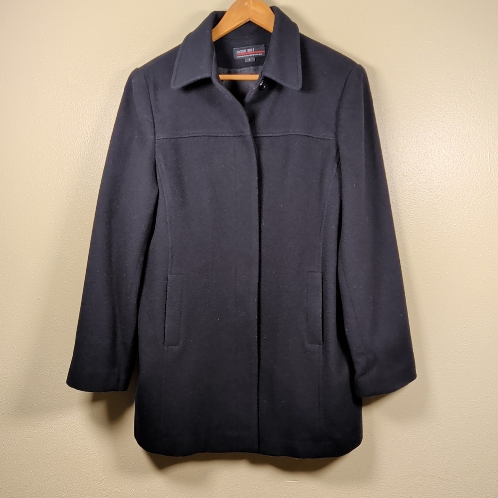 Men's Jason Kole Large Black Wool Pea Coat Pockets Button Up Lined Size L